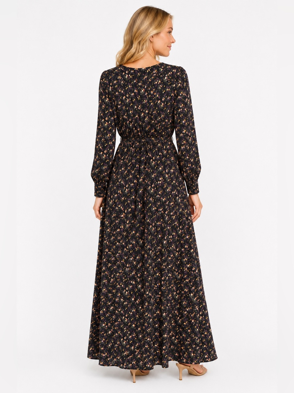 Black Floral Wrap Maxi Dress with Tie Waist - Picture 2 of 6